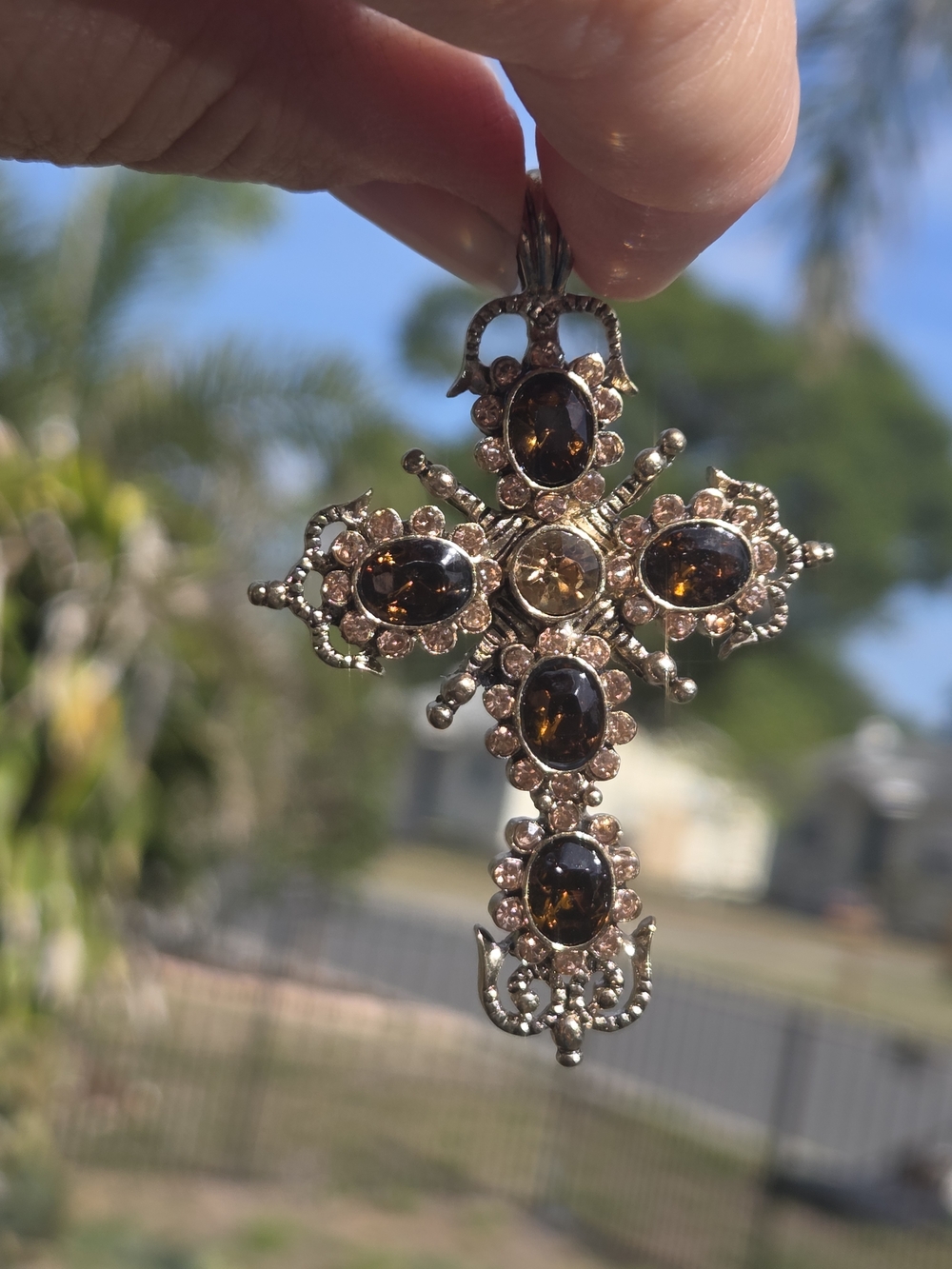 Vintage Ornate Rhinestone Cross Pendant Necklace, Faux Bronze-tone Amber Stones